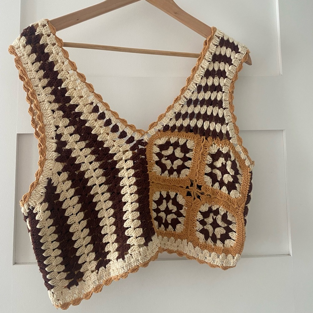 Free People Crochet Tank Top - Cream and Brown
